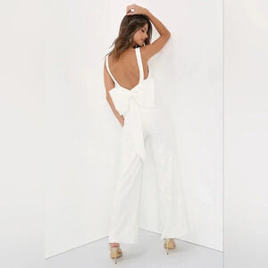 Lulu's Feeling Sparkly White Sequin Bow Wide-Leg Jumpsuit L Wedding Bridal Party